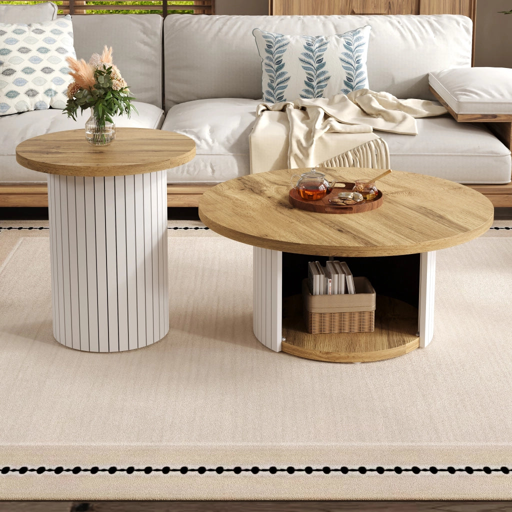 Tavolini da caffè rotondi ad incastro con ripiano; Stile Scandinavo; in MDF; Naturale; 75×75×50 cm + 45×45×35 cm