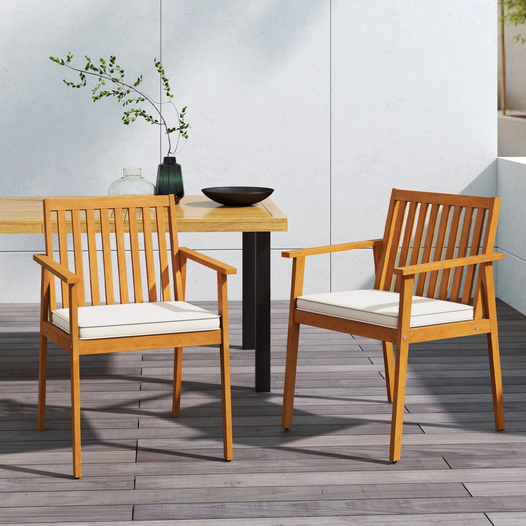 Set sedie pranzo patio 2 acacia legno cuscino imbottito, Set sedie esterne braccioli 180kg portata rimovibile Marrone