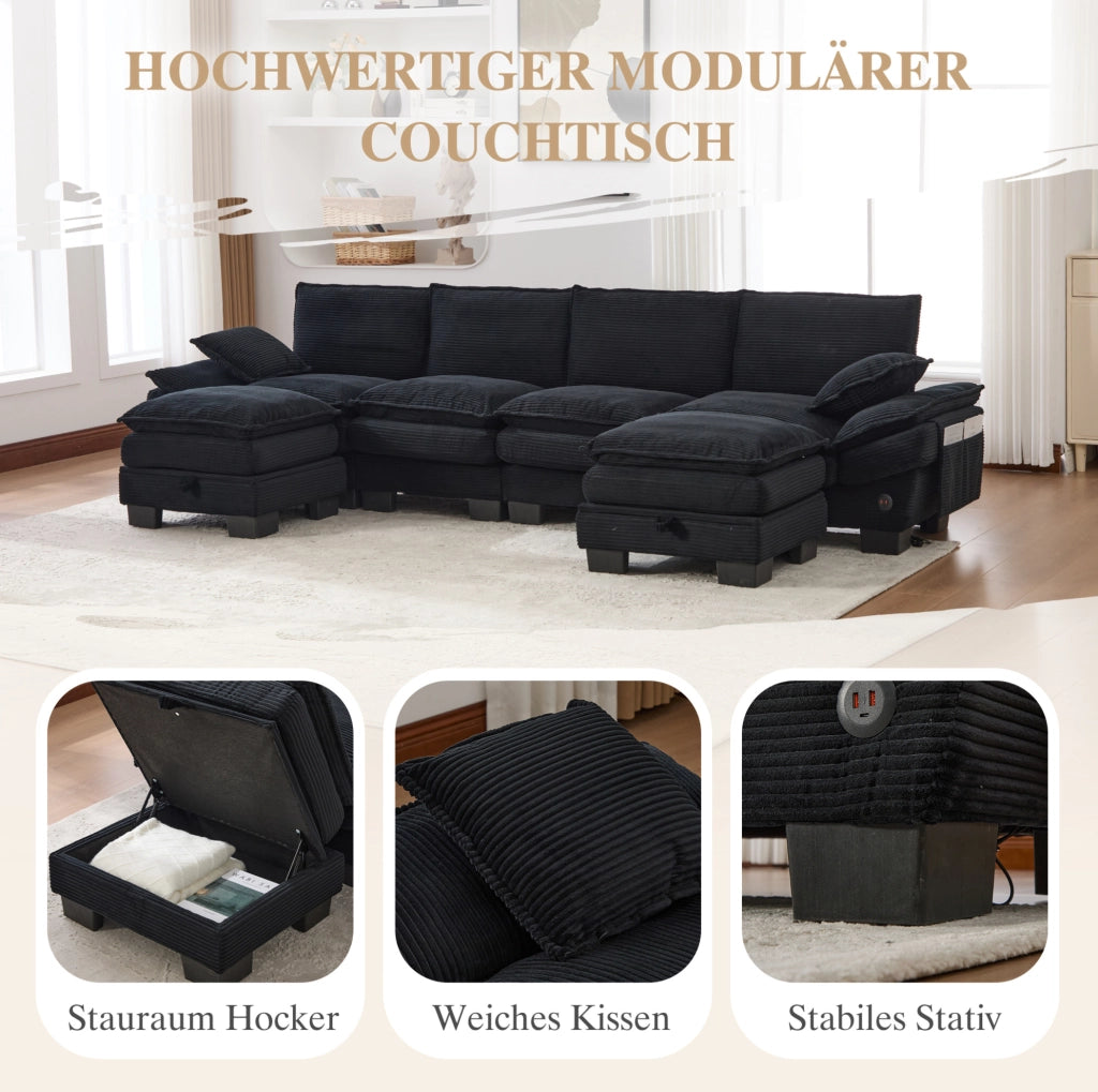 Divano modulare 4 posti in velluto a coste con 2 pouf; USB-C e tasche laterali; nero