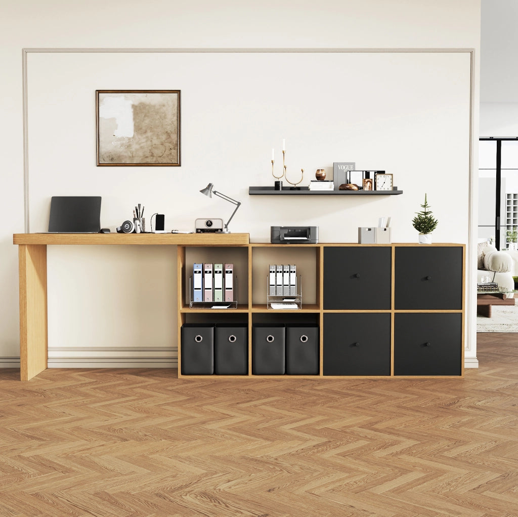 Scrivania angolare girevole 360° in MDF, nero e rovere