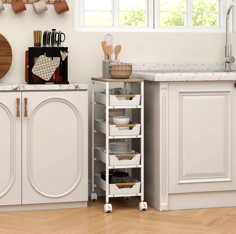 Carrello cucina bianco a 5 livelli con 4 cassetti