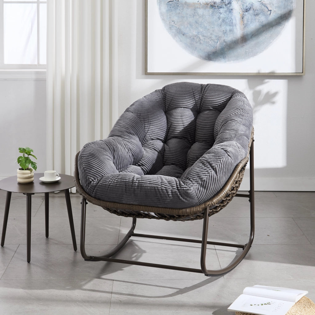 Sedia a dondolo in rattan sintetico con struttura in acciaio e design ergonomico grigio 78 × 106 × 90 cm