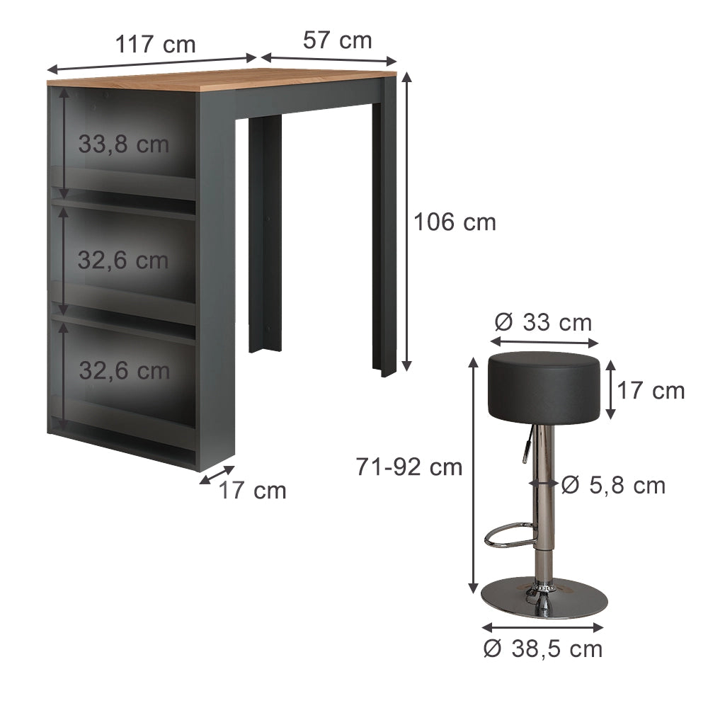 Vicco tavolo bar con sgabelli Antracite 57 x 117 cm con 2 sgabelli da bar
