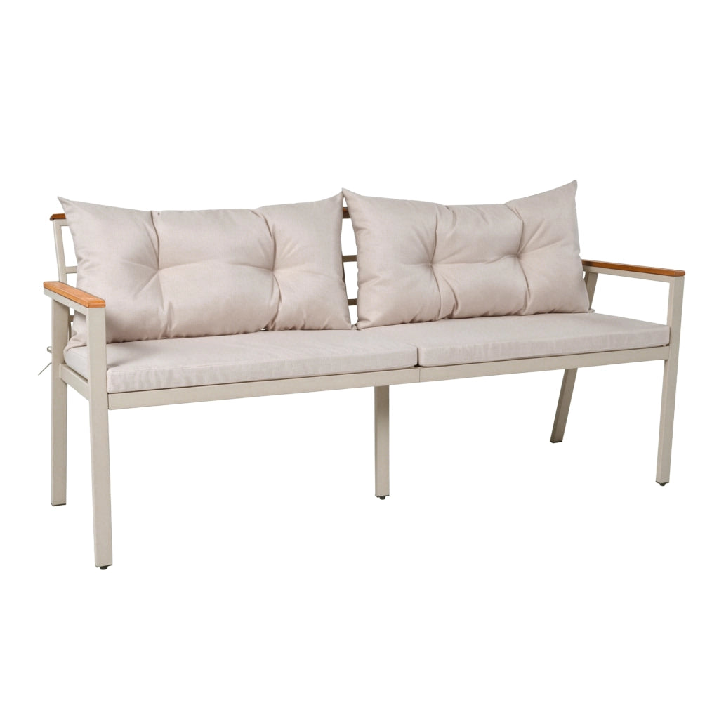 Set Tavolo e Sedie da Giardino con 1 Divano 2 Posti; 2 Sedie; 2 Sgabelli; 1 Tavolo e 1 Carrello; Acacia; Metallo e Tessuto; Beige e Naturale