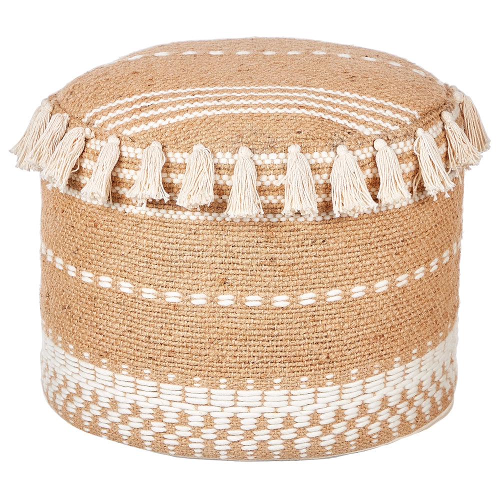 Pouf Beige Juta EPS Riempimento Rotondo ø 50 cm Ottomana intrecciata a mano con frange Stile Boho