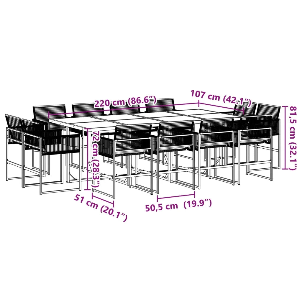 Set da Pranzo da Giardino 13pz con Cuscini Nero in Polyrattan 3295015