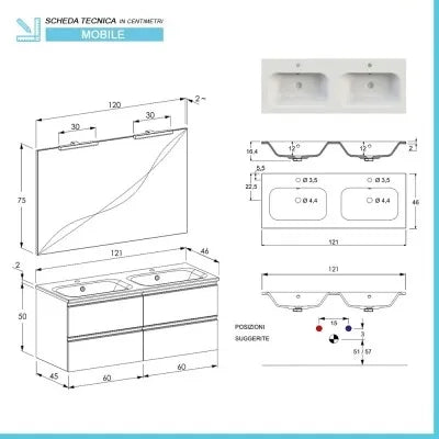 Mobile bagno con lavabo doppio 120 cm rovere miele e specchio Master
