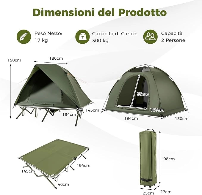 Tenda da Campeggio per 2 Persone, Tenda Impermeabile e Pieghevole per Adulti con Riparo Esterno, Borsa con Ruote Portatile, 2 Porte a Rete e Tetto con Lucernario per Campeggio e Spiaggia