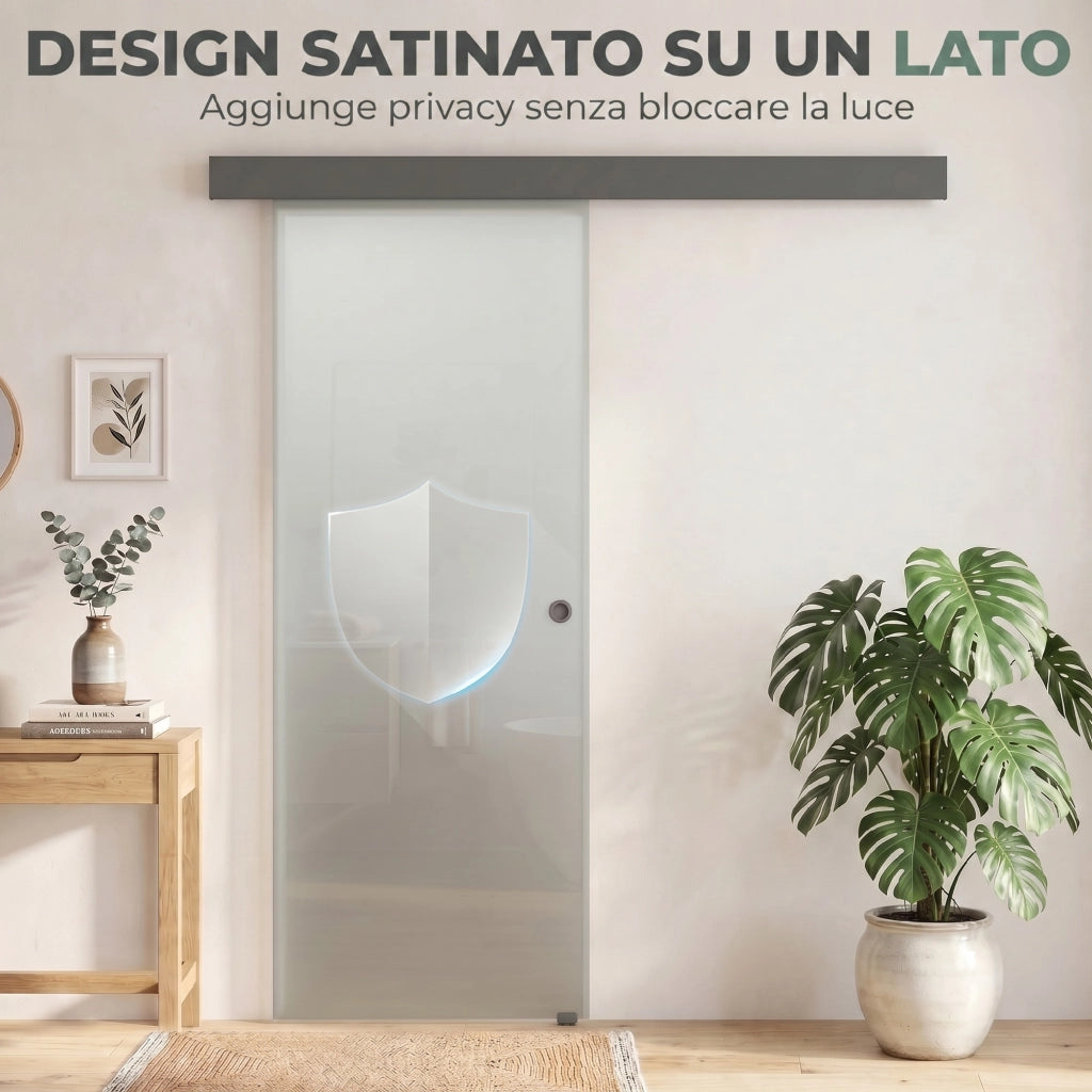Porta Scorrevole 77,5x205 cm con Binario Silenzioso e Guida in Vetro Temperato Sabbiato Trasparente