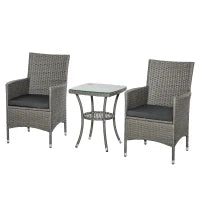 Set Giardino Esterno 3 Pezzi in Rattan PE e Acciaio, Set 2 Sedie con Cuscini Lavabili, Braccioli, Tavolino da Caffè con Piano in Vetro, Salotto da Giardino Balcone Patio Cortile, Grigio