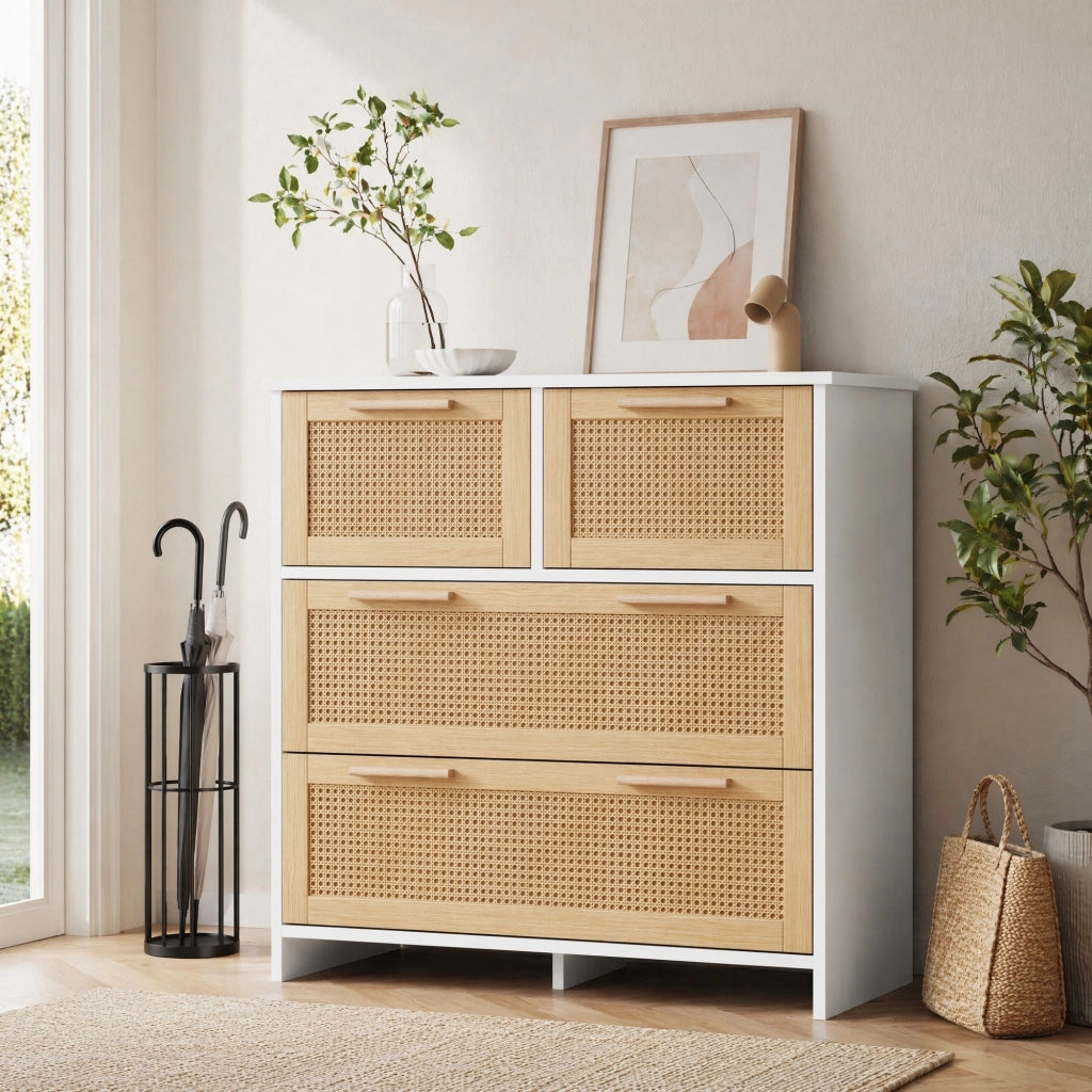Cassettiera in rattan naturale a 4 cassetti con struttura in MDF, 80¡Á80¡Á38 cm, colore naturale e bianco