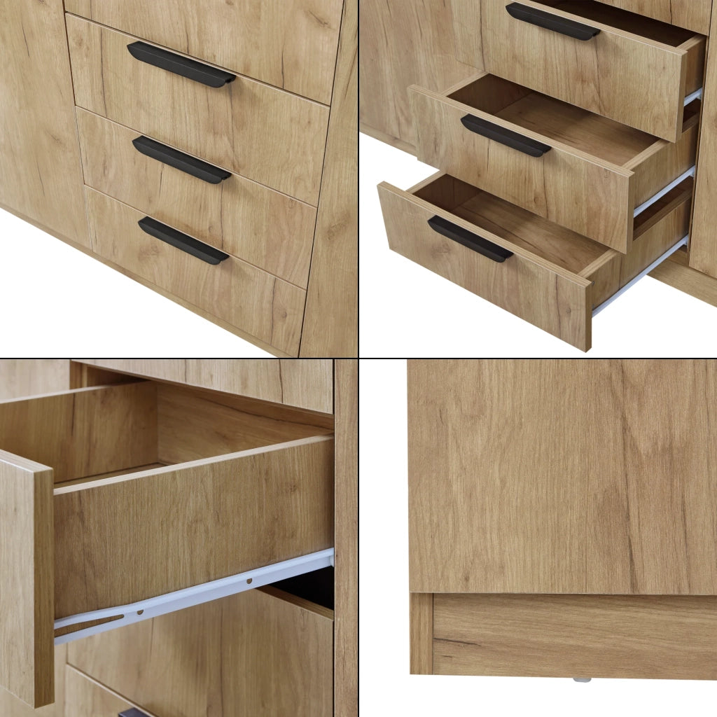 Armadio moderno per camera da letto mobile contenitore senza tempo con 2 aste appendiabiti 4 ripiani e 3 cassetti in MDF 176 x 120 x 52 cm effetto rovere 03_0006374