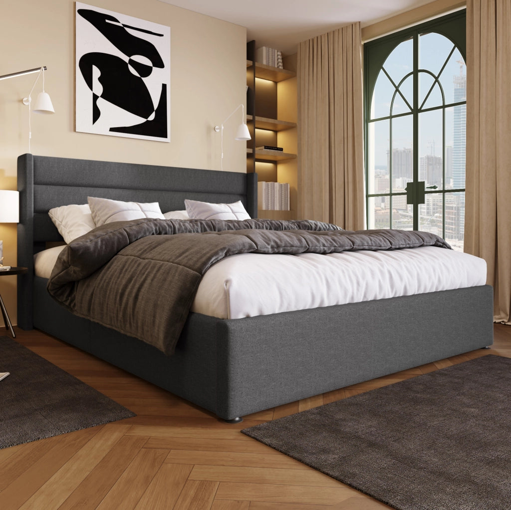 Letto imbottito con contenitore e rete a doghe sollevabile 160x200 cm; lino grigio