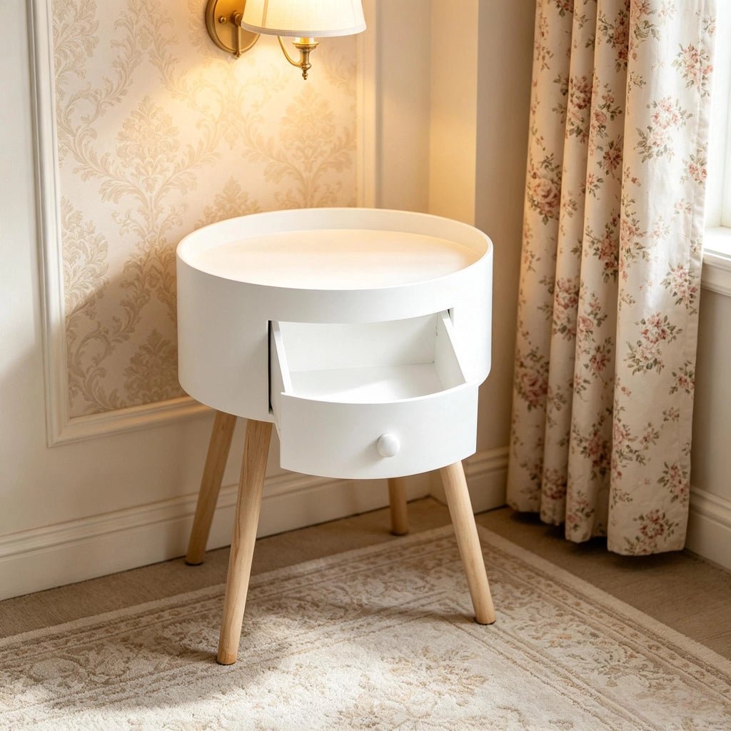 Comodino rotondo con cassetto e piano rialzato in MDF e legno, bianco e legno chiaro 38 × 38 × 45 cm