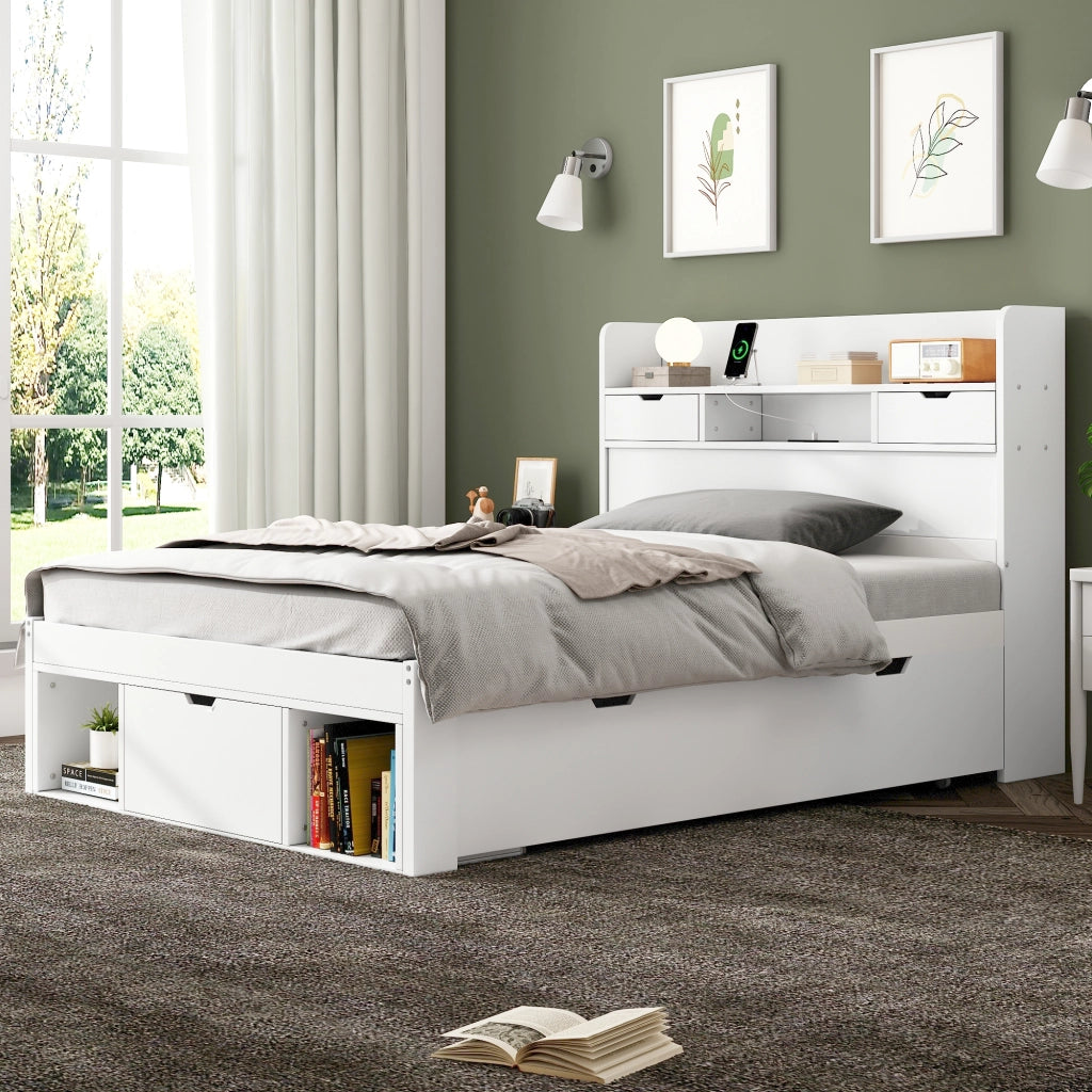 OKWISH Letto Singolo 90×200 cm con USB, Tipo C, 2 Cassetti, Armadietto Contenitore e Ripiani, senza Materasso, in Pino, Bianco