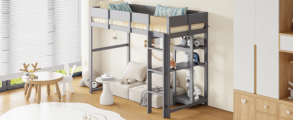 Letto a soppalco per bambini 90 × 200 cm con ripiano e barriere di sicurezza, senza materasso, in legno grigio