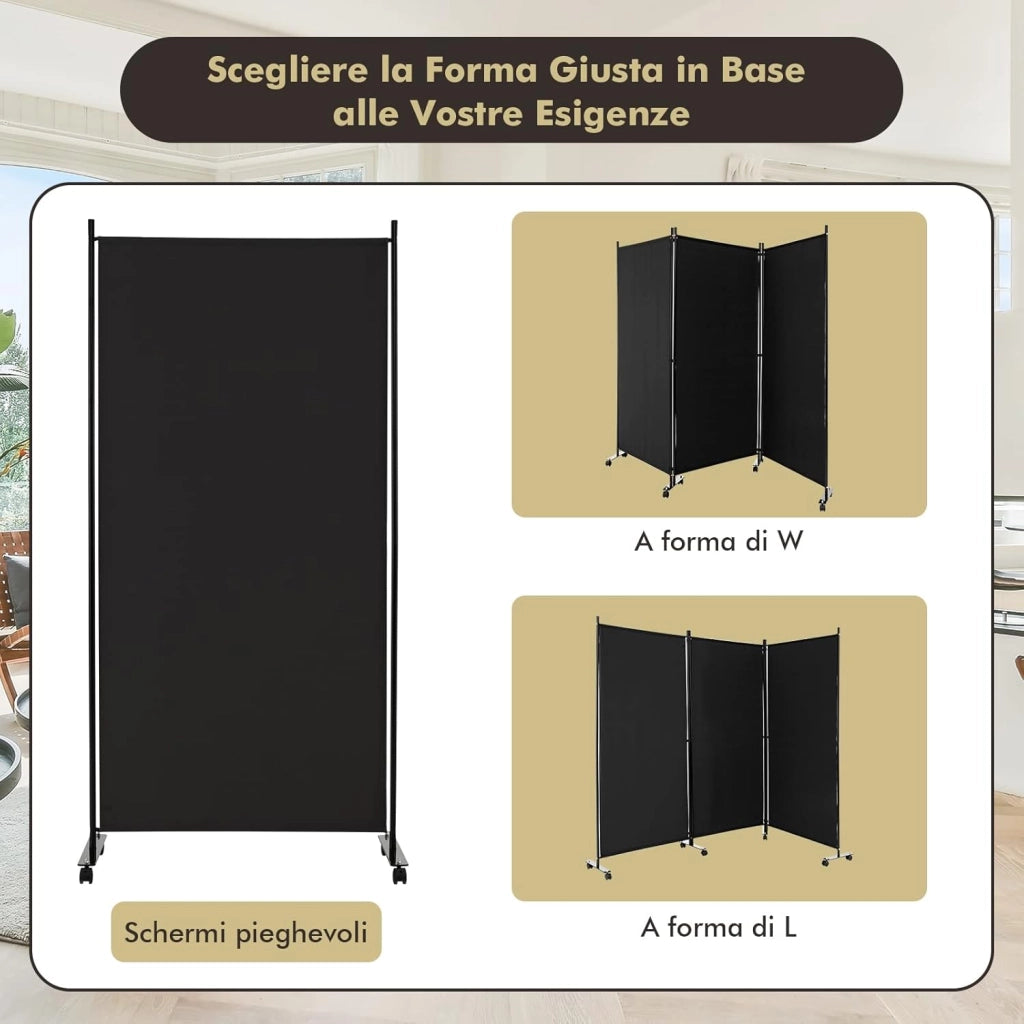Paravento da Interno in Metallo, Separé Divisorio Interno Pieghevole con Piedini Stabili, Pannelli Divisori per Interni per Casa e Ufficio (Nero, 262 x 180 cm (3 Pannelli con ruote))