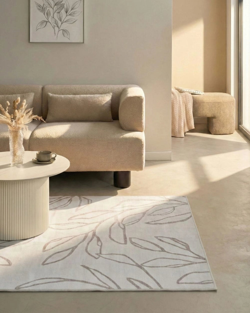 Tappeto tessuto beige chiaro 140 x 200 cm Moderno motivo foglie Soggiorno Camera da letto Per riscaldamento a pavimento Fondo antiscivolo A pelo corto