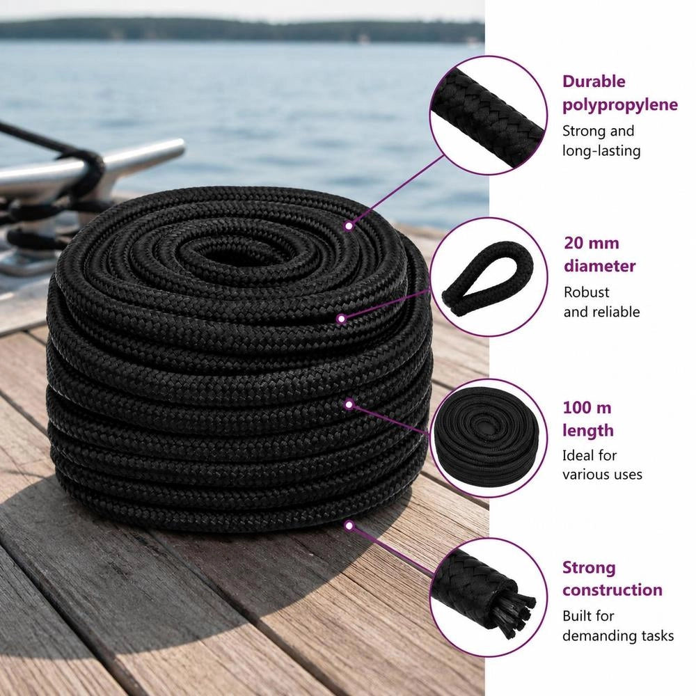 Boat Rope, Black, 20 Mm, 100 M, Polypropylene