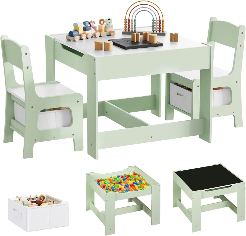 Set Mobili con Lavagna Contenitore Tavolo e Sedie per Bambini Soggiorno Tavolino con 2 Sgabelli in Legno