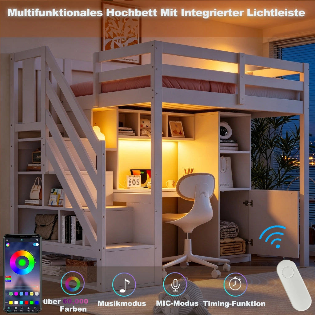 Letto a soppalco 90 × 200 cm con scrivania, scale contenitore, ripiani, LED e prese europee, senza materasso, bianco