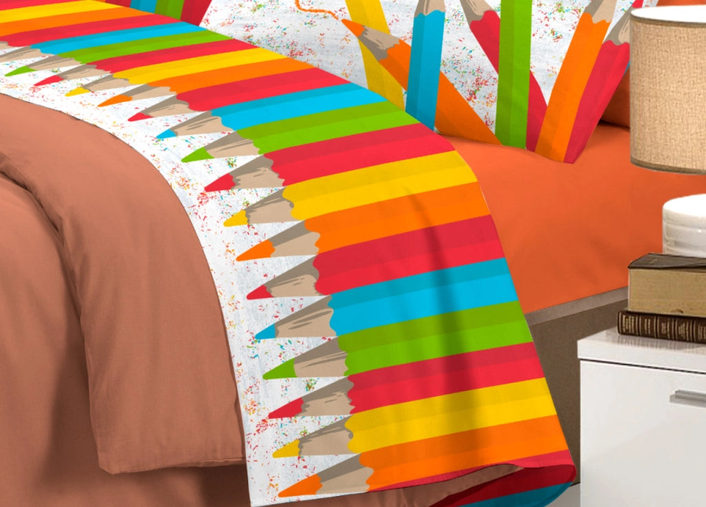 Completo Lenzuola Linea Pensieri Delicati 100% Cotone Disegno Matitoni - Singolo - Multicolor