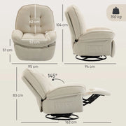 Poltrona relax girevole e reclinabile in tessuto chenille crema con funzione dondolo