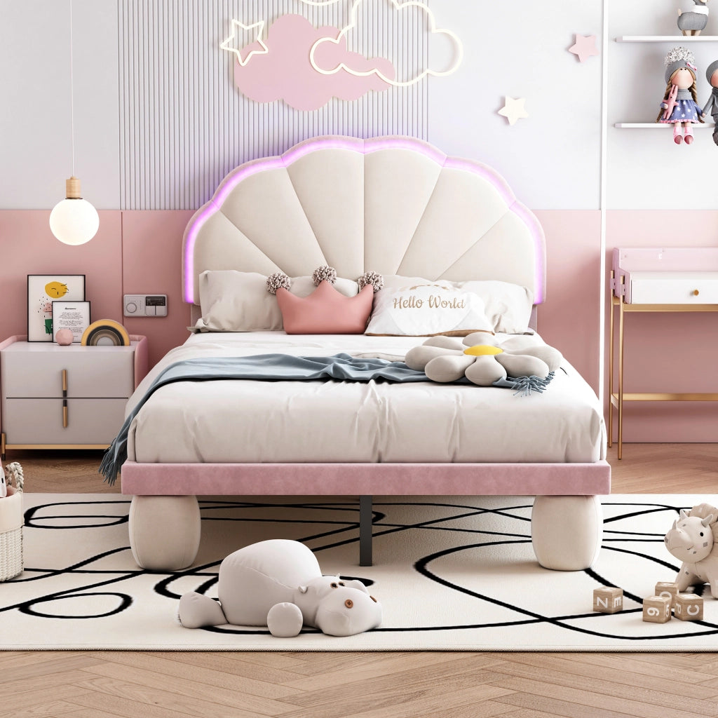 Letto per Bambini 90x200 cm; Letto Singolo - LED Multicolore con Effetti Cangianti - in Velluto - Beige e Rosa
