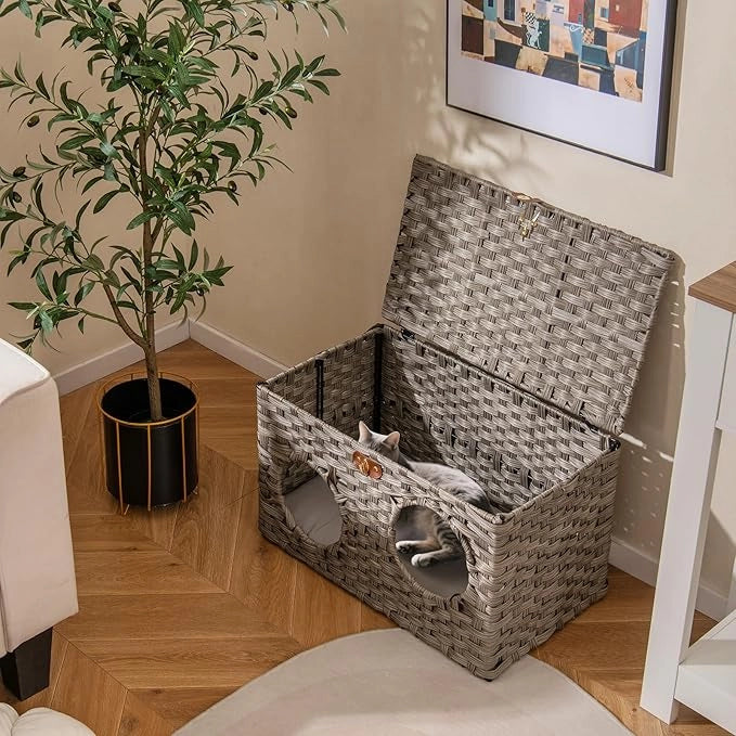 Cuccia per Gatti in Rattan 60 x 35 x 35 cm, Casetta per Gatti con Cuscino Morbido Rimovibile e Coperchio Bloccabile, Comodino per Animali Domestici per Soggiorno e Camera da Letto