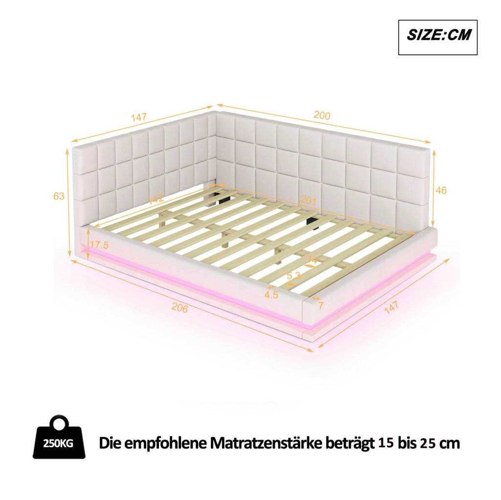 Divano letto imbottito 140x200 cm in lino beige con LED; presa USB e rete a doghe