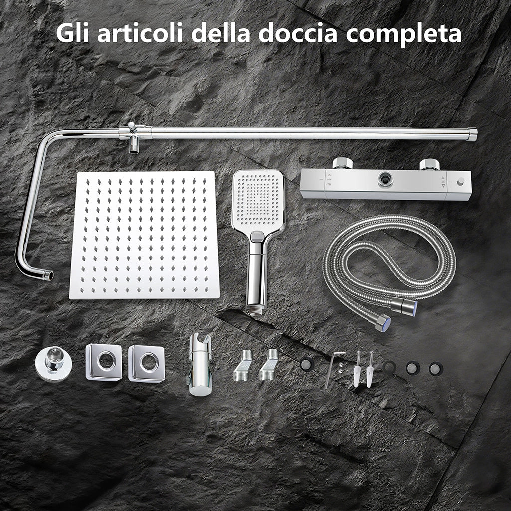 Miscelatore termostatico doccia con soffione 30x30cm e doccetta 25x10cm, colonna doccia cilindra cromo