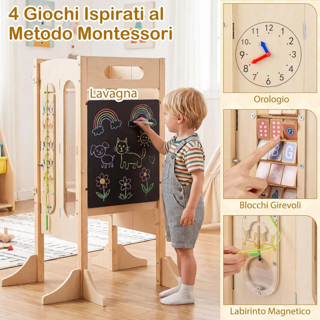 Torre Montessoriana Pieghevole per Bambini, Sgabello da Cucina in Legno con 2 Scalini e Rete Sicurezza, Torre di Apprendimento Montessoriana con Lavagna e Giochi Sensoriali per Bambini 3+ Anni