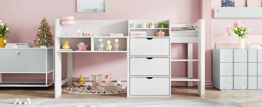 DESMIU Letto a soppalco 1 posto con 3 vani chiusi, scaffali e scala, 90 × 200 cm, senza materasso, bianco