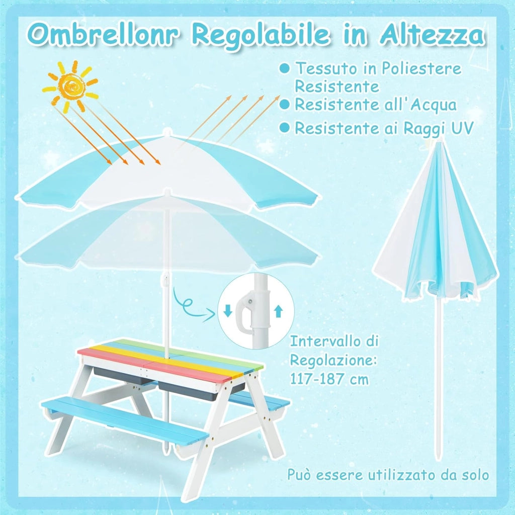 Set Tavolo e Sedie per Bambini da Giardino 3 in 1, con Ombrellone Rimovibile e Regolabile, Piano Rimovibile, Tavolo con Panche in Legno per Bambini da Interno Esterno (Blu e Bianco)
