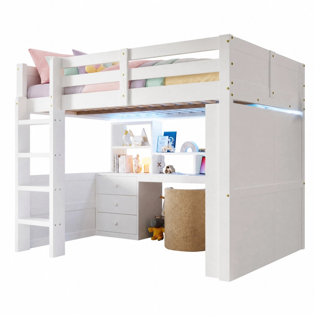 Letto a soppalco 140x200 cm bianco con LED, armadio e scrivania