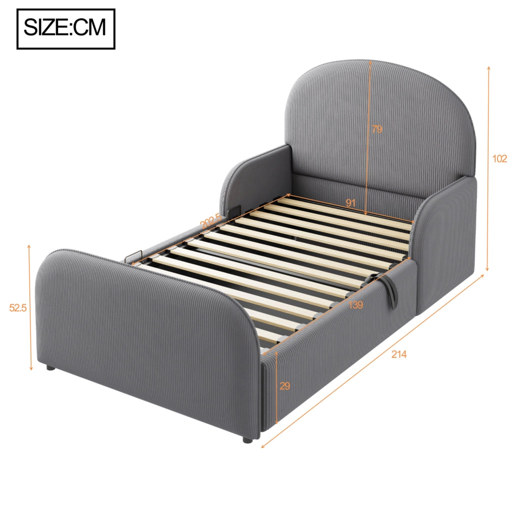 Letto imbottito per bambini con contenitore idraulico 90x200 cm in velluto grigio