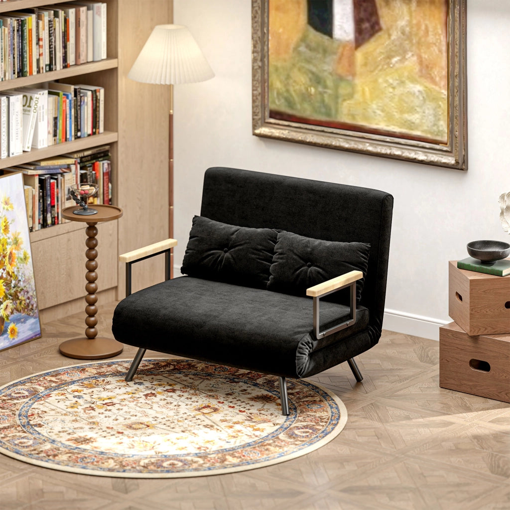 Divano Letto 3 Posti in Tessuto Velluto con Schienale Regolabile e Cuscini ¨C Zephmum ¨C Nero, 102x73x81 cm