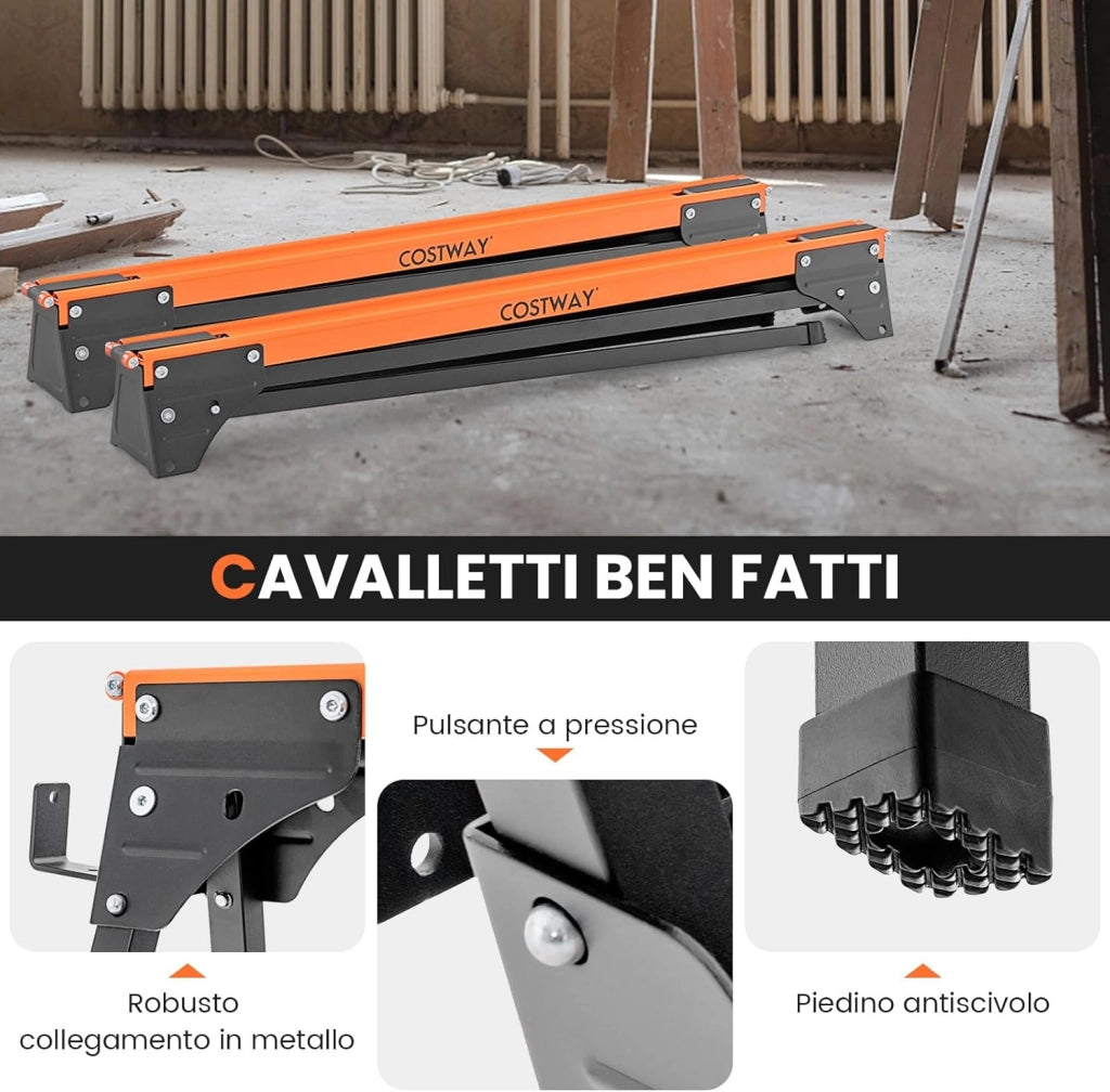 2 Cavalletti da Lavoro Pieghevoli, Cavalli da Lavoro con Gambe Apribili Rapide e Bracci di Supporto, Carico Fino a 500 kg (Modello 7)