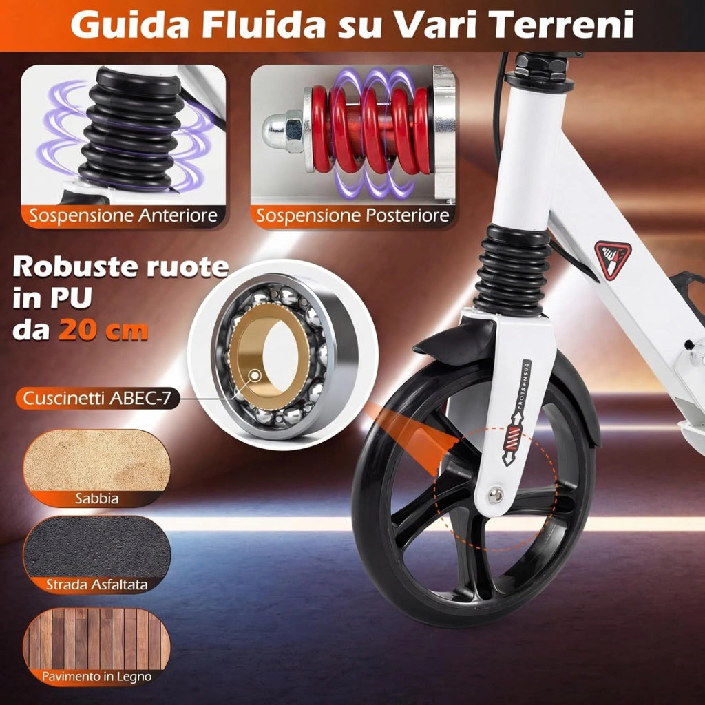 Monopattino Bambini e Adulti, Monopattino a Spinta Pieghevole e Regolabile in 3 Altezze, Monopattino Portatile con 2 Ruote, Cavalletto, Freno e Pedale Antiscivolo, Portata 100 kg