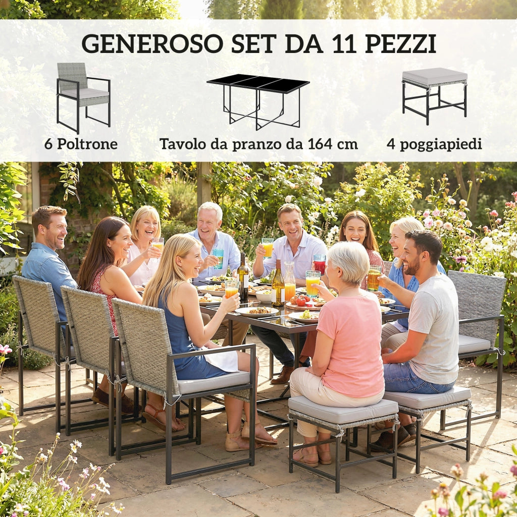 Set Pranzo Patio 11 Pezzi, Mobili Esterno Con 6 Poltrone, 4 Pouf, Grigio