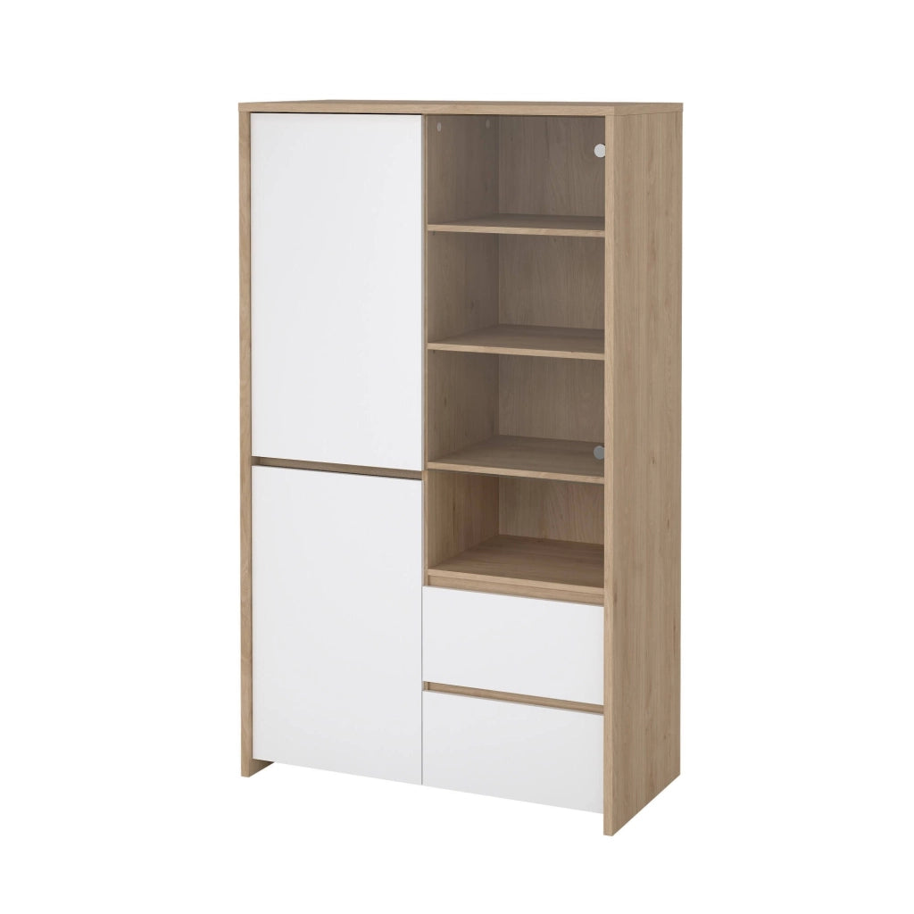Vetrina Reykjavik, Credenza espositiva, Vetrinetta multiuso, Madia da soggiorno, 100x48 h170 cm, Rovere e Bianco lucido