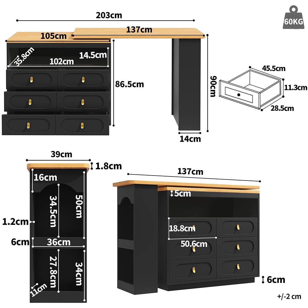 Tavolo bar estensibile - Xylo - rotante 360° con ruote nero 138-203cm