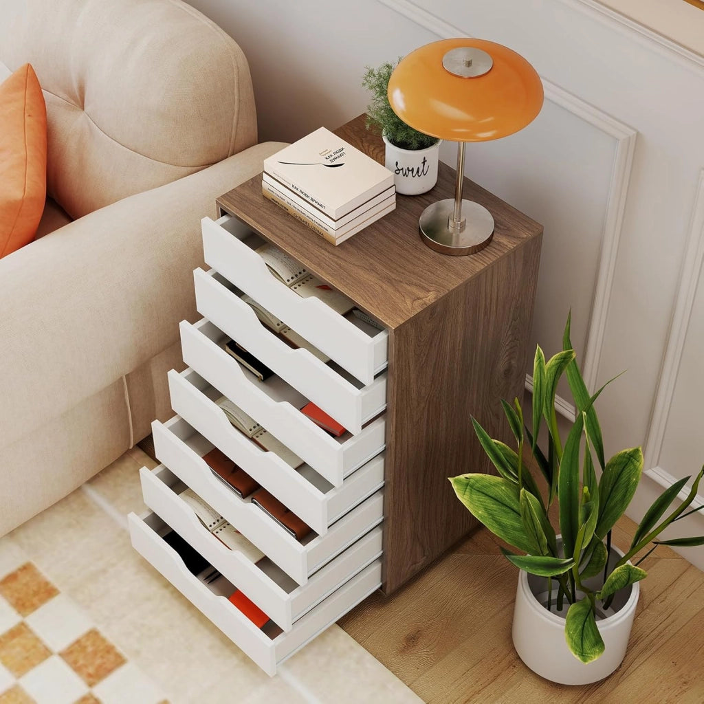 Cassettiera da Ufficio con 7 Cassetti, Mobiletto per Documenti con 4 Ruote Girevoli, Cassettiera da Scrivania in Legno per Ufficio e Soggiorno, 49 x 40 x 87 cm (Naturale + Bianco)