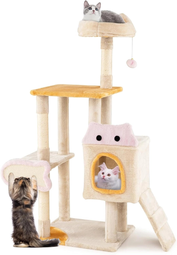 Albero per Gatti da Interno Alto 125 cm, Tiragraffi per Gatti a Più Livelli con Cuscino, Rifugio, Tiragraffi in Sisal a Forma di Pesce, Rampa, Pallina Pendente e Piattaforme