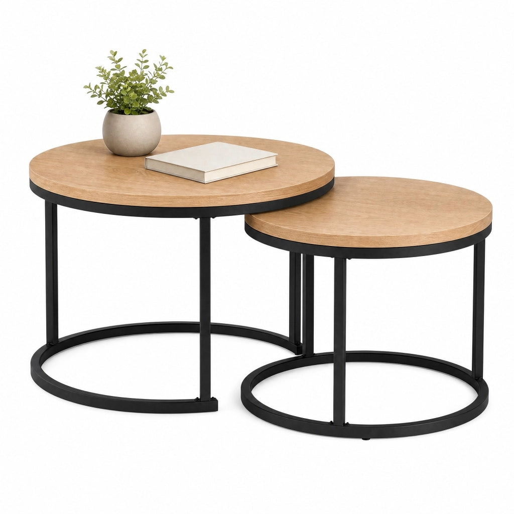 Tavolini rotondi set 2 50 x 70,5 cm noce e nero MDF, impilabili