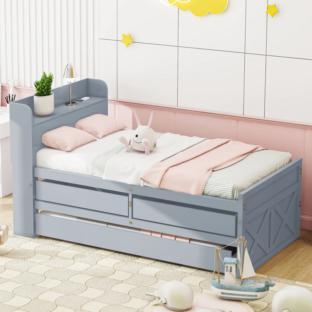 OKWISH Letto estraibile 90×190 cm, Letto Singolo con 2 Cassetti, USB e Comodino con Ripiano, senza Materasso, in Legno Massello, Grigio