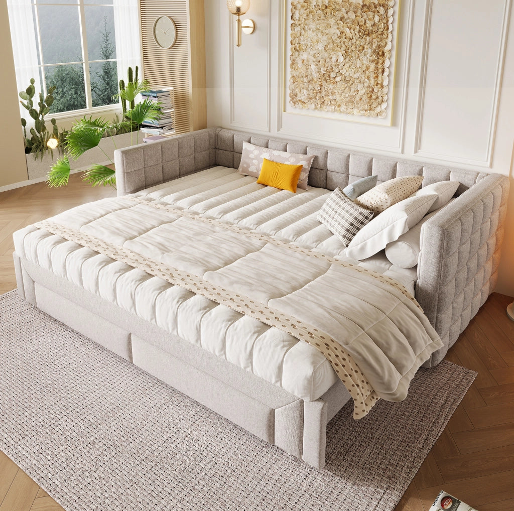 Letto a divano 90x200 cm estensibile; 2 cassetti; velluto; beige; (Senza materasso)