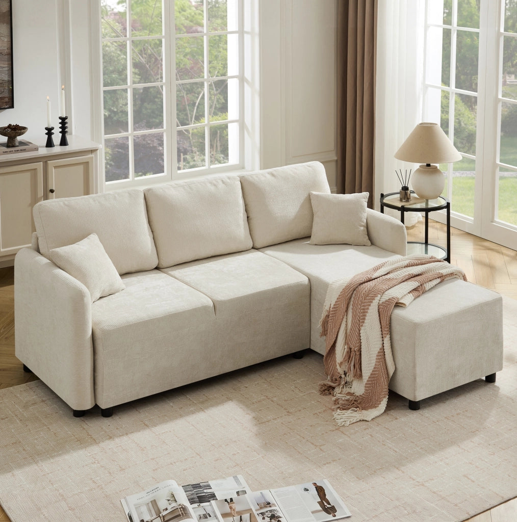 Divano angolare L 3 posti 187;5x144x85;5 cm in chenille beige chiaro con 2 cuscini