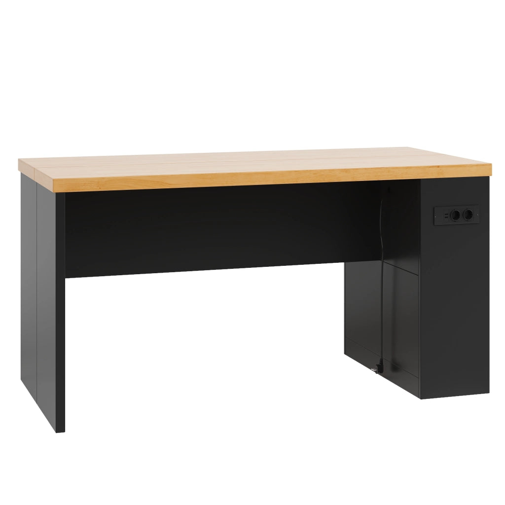 Isola cucina 155x80x90 cm con illuminazione LED, prese AC e USB, piano 40 mm, 3 ripiani aperti, colore Black+Natural