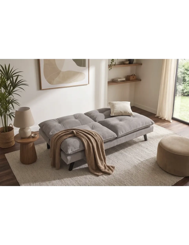 Divano letto AZENA 3 posti in tessuto ciniglia – Beige e nero – 190 x 80 x 90 cm